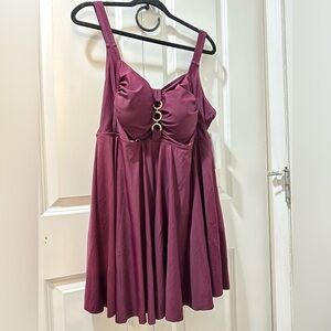 BloomChic Plus Size 2XL Solid Metal Detail Square Neck Ruched Swim Dress us18-20